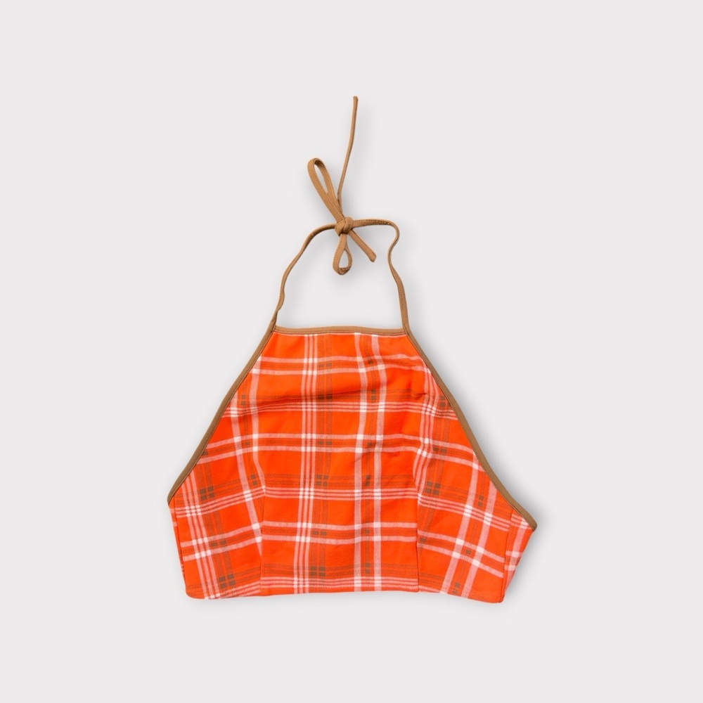 I.AM.GIA Orange Plaid Halter Crop Top S